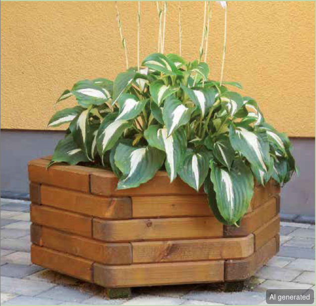 Pflanzkasten sechseckig aus Holz, braun, mit Pflanzenbepflanzung, geeignet für Garten und Terrasse