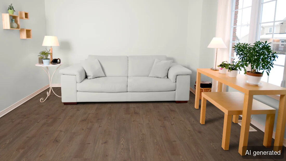 Vinyl-Ikarus, Fußboden in Holzoptik, braun, schwimmend verlegt im Wohnraum, kombiniert mit heller Einrichtung