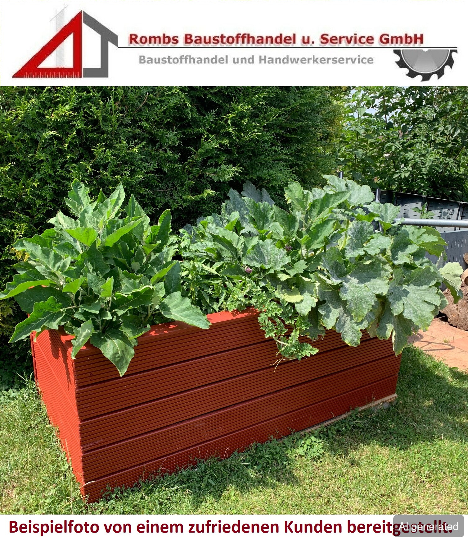Hochbeet Terrassendielen Sib, rot, bepflanzt mit Gemüse, stabile Konstruktion für Gartenanwendungen