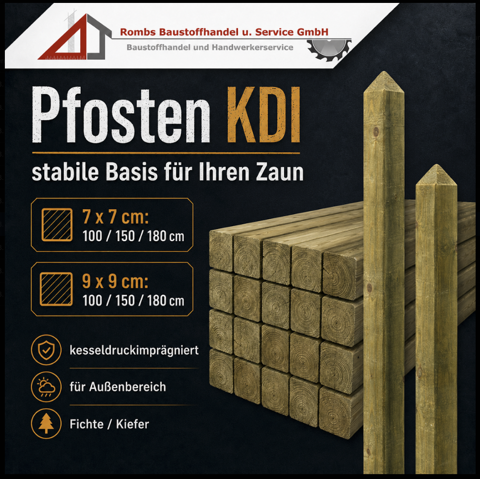 Pfosten KDI 7x7 cm und 9x9 cm, kesseldruckimprägniert, für Außenbereich, 100/150/180 cm Länge, Fichte/Kiefer