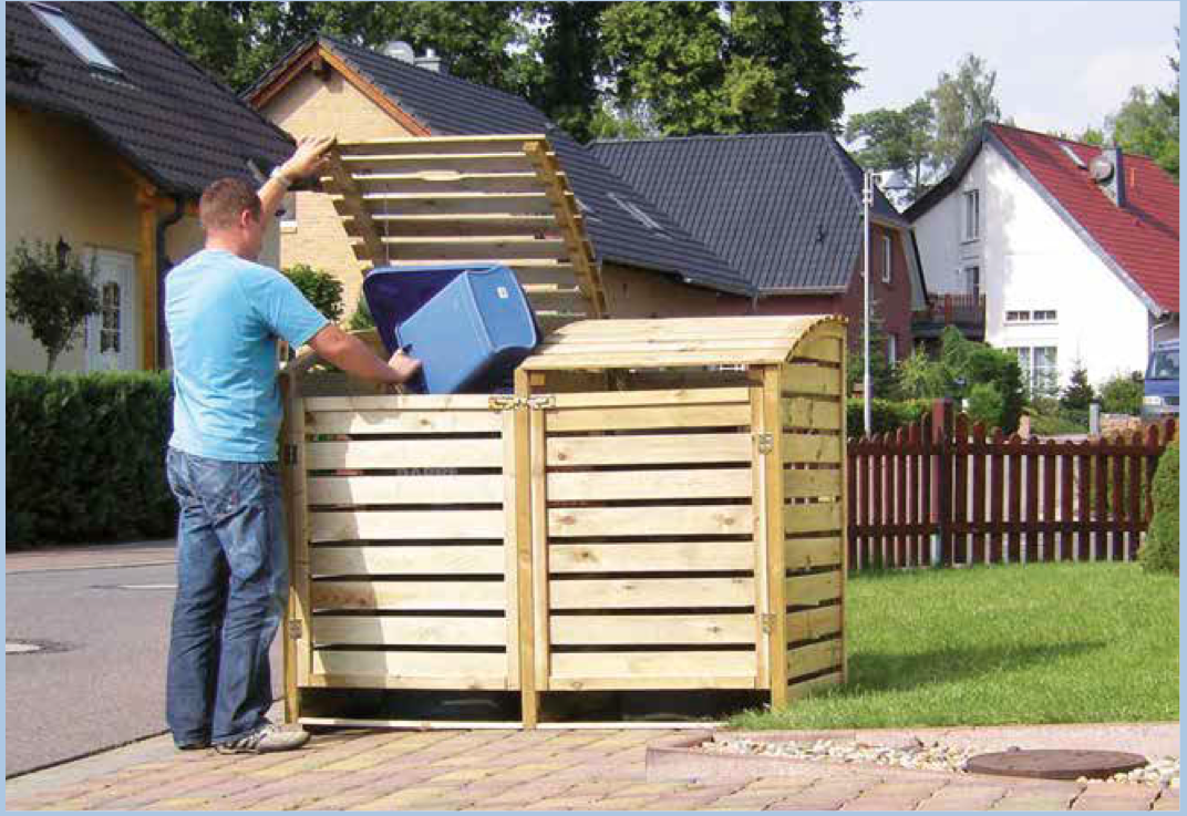 Doppel-Mulltonnenbox aus Holz, für zwei Mülltonnen, mit abnehmbarem Dach und seitlichen Lüftungsschlitzen, naturbelassen