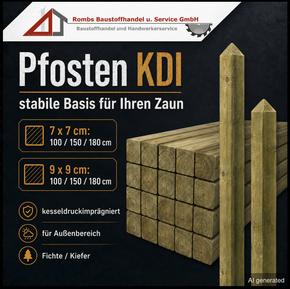 Pfosten KDI 7x7 cm und 9x9 cm, kesseldruckimprägniert, für Außenbereich, 100/150/180 cm Länge, Fichte/Kiefer