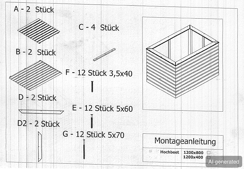 Montageanleitung Hochbeet Rhombus 80x120x80 cm, Teile A-G, Stückzahlen und Maße angegeben
