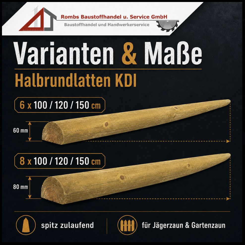 Halbrundlatten KDI 6x100/120/150 cm und 8x100/120/150 cm, spitz zulaufend, für Jägerzaun und Gartenzaun