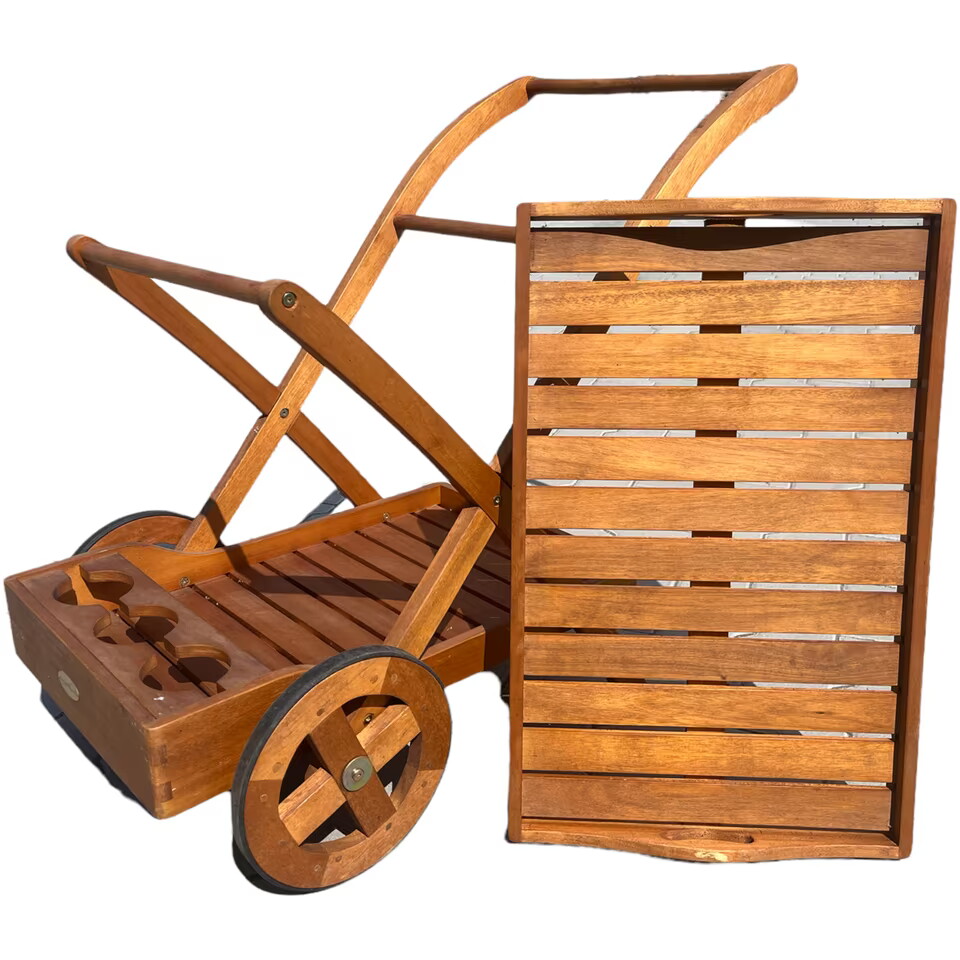Servierwagen aus Holz, klappbar, mit Ablagefläche und Flaschenhalter, naturbelassenes Finish