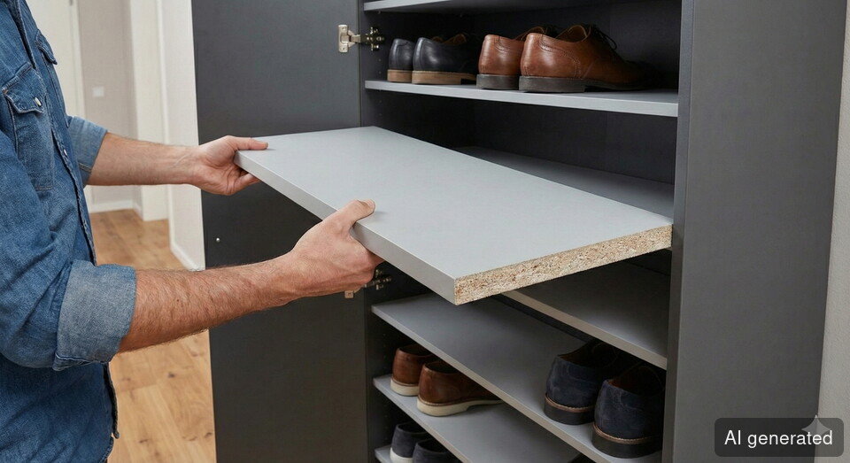 Einlegeboden hellgrau 18 mm, beschichtet, geeignet für Regalsysteme, in Verwendung bei Schuhschrank