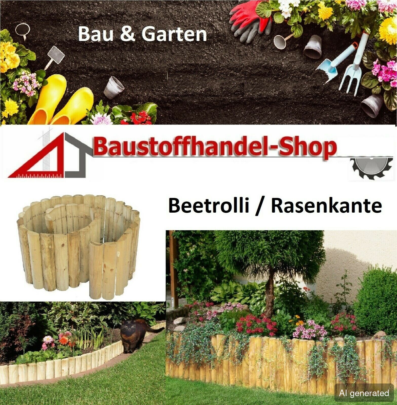 Beetrolli Rasenkante aus Holz, rund, zur Gestaltung von Beeten und Gärten, natürliche Optik