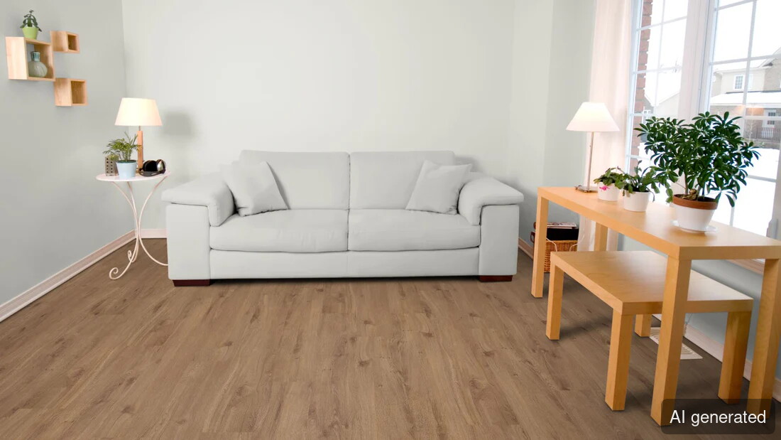 Vinylboden Adonis Eiche-Optik, schwimmend verlegt im Wohnraum, hellbraun mit strukturierter Oberfläche