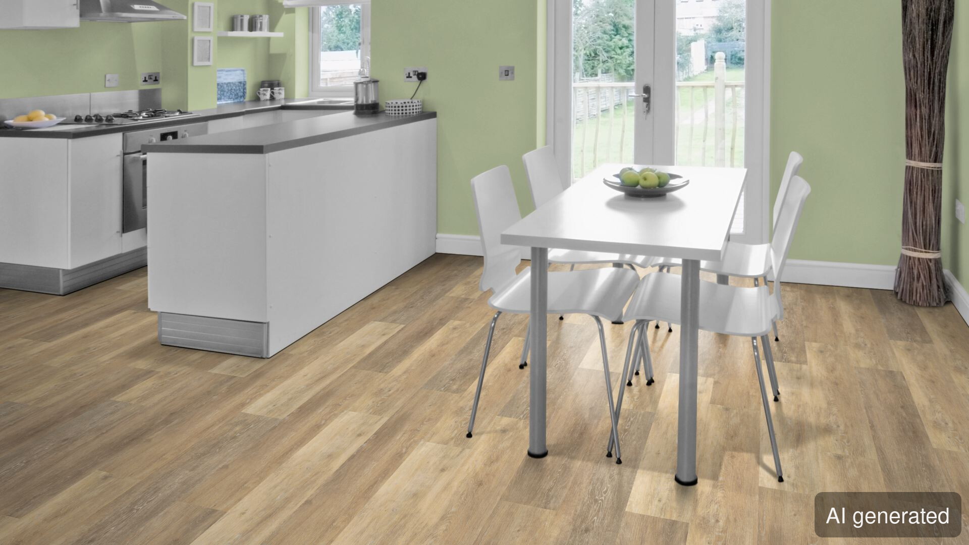 Vinyl-Luna, Holzoptik in hellen Brauntönen, schwimmend verlegt in modernem Wohnraum mit Tisch und Stühlen