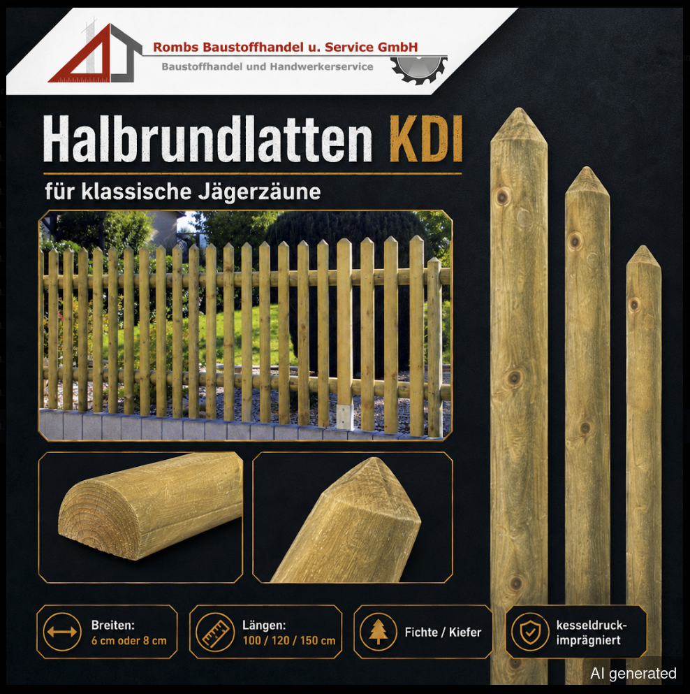 Halbrundlatten KDI für klassische Jägerzäune, Breite 6 cm oder 8 cm, Länge 100/120/150 cm, kesseldruckimprägniert, Fichte/Kie