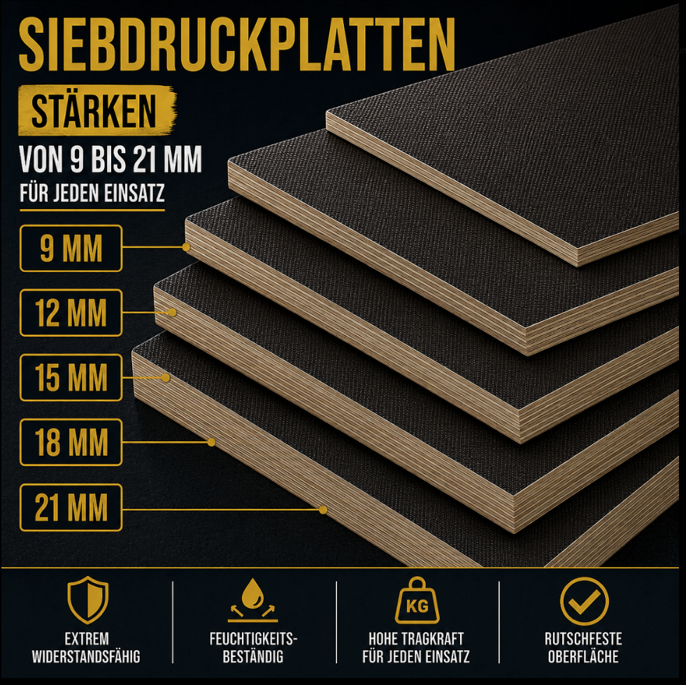 Siebdruckplatten SD12565-125-250M, Stärken 9 mm, 12 mm, 15 mm, 18 mm, 21 mm, extrem widerstandsfähig, feuchtigkeitsbeständig,