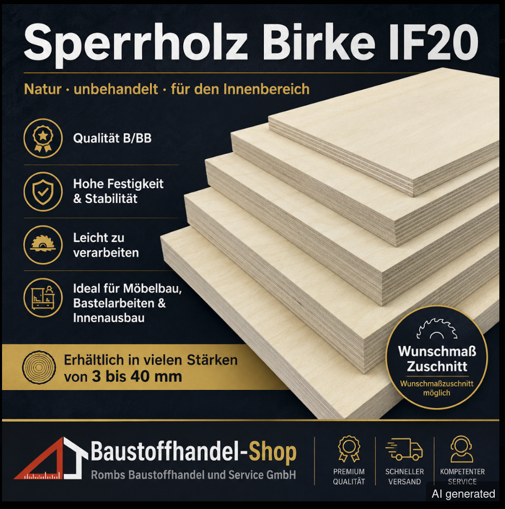 Sperrholz Birke IF20, B/BB, hohe Festigkeit und Stabilität, leicht zu verarbeiten, für Möbelbau und Innenausbau, in Stärken v