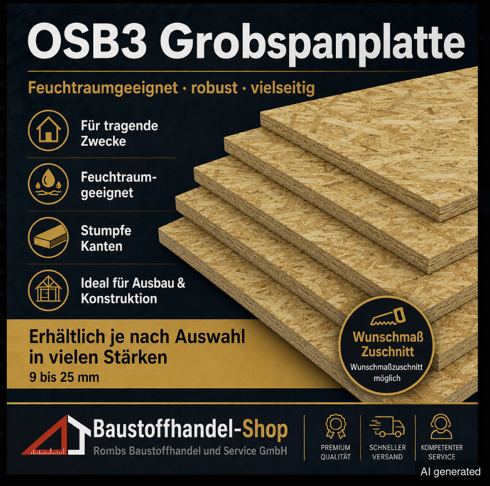 OSB3 Grobspanplatte 15 mm, feuchtraumgeeignet, für tragende Zwecke, stumpfe Kanten, erhältlich in vielen Stärken von 9 bis 25