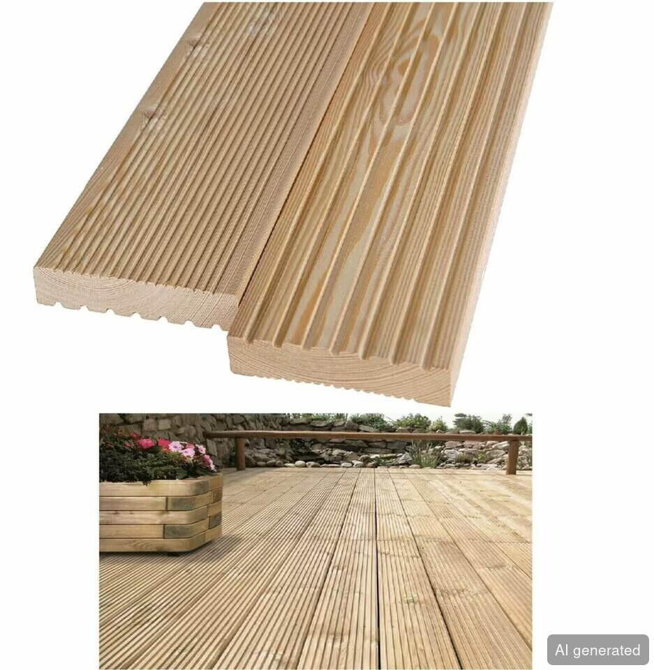 Terrassendiele TD-kD-, 26x145 mm, geriffelte und glatte Oberfläche, helles Holz, geeignet für Außenbereiche