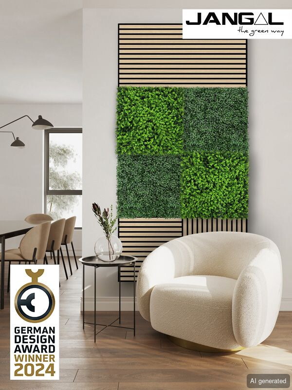 Jangal-DF Wandpaneel mit Holzlatten und grünen Pflanzen, dekorativ für Innenräume, ausgezeichnet mit dem German Design Award