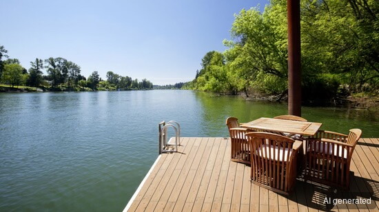 Terrassendiele TD-KD-AB-kL-27-143-, 27 mm stark, für Außenbereich geeignet, hellbraun, auf Holzdeck am Wasser
