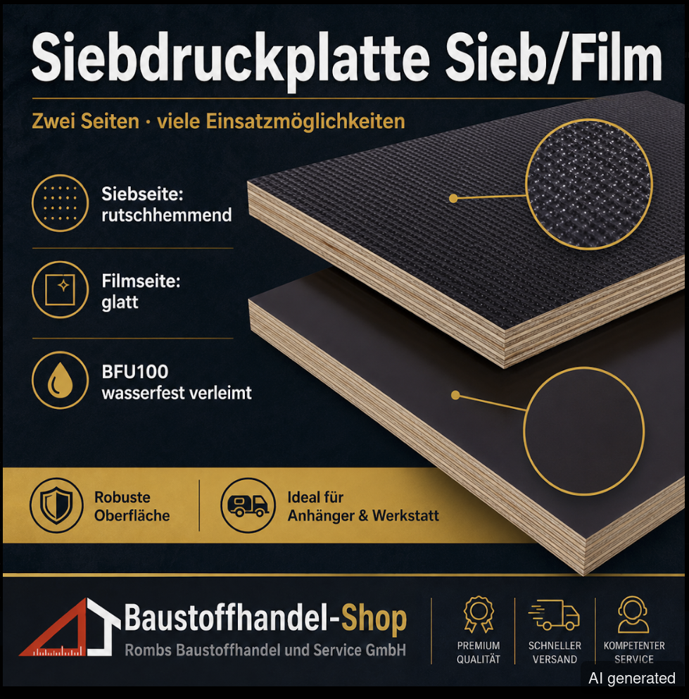 Siebdruckplatte Sieb+Film SD12565-125-10M, zwei Seiten, glatte Oberfläche, wasserfest verleimt, robuste Oberflächen, ideal fü