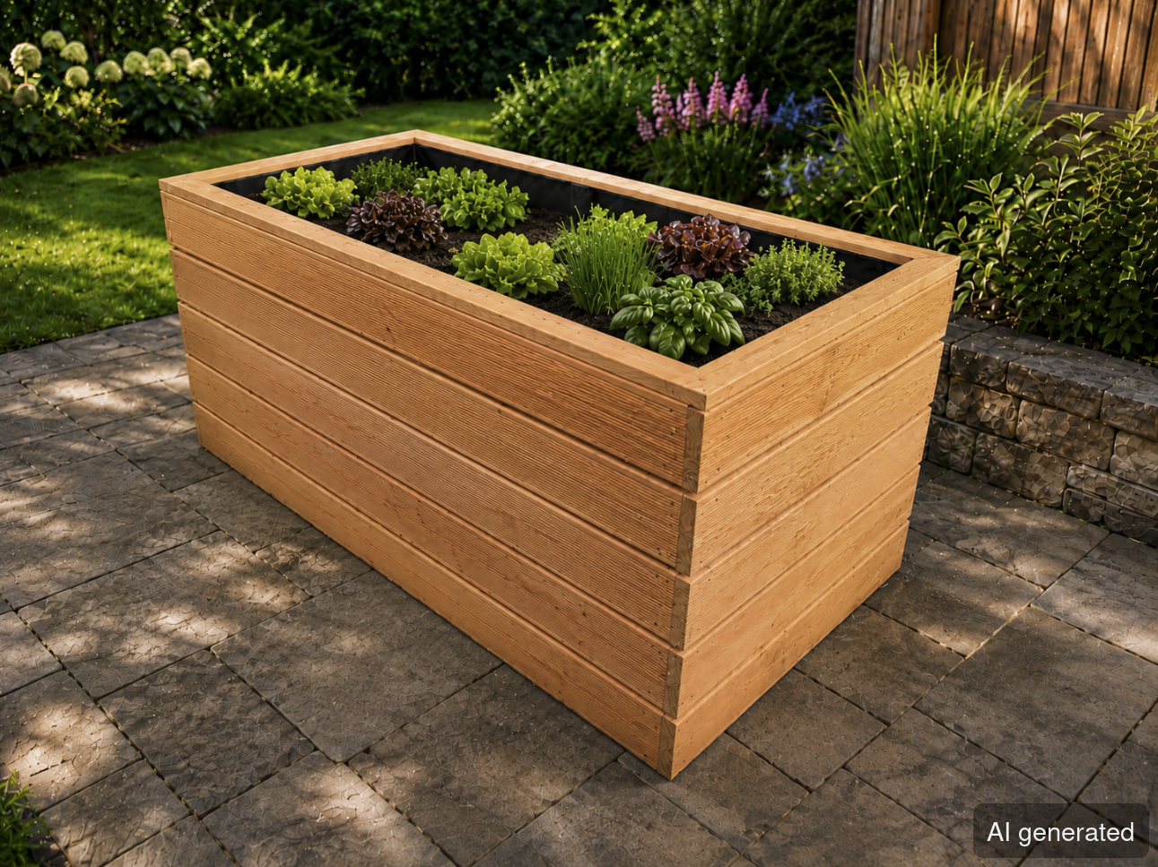 Blumenkasten BKL, fein geriffelt, Lärche, bepflanzt mit verschiedenen Kräutern, rechteckig, im Garten platziert