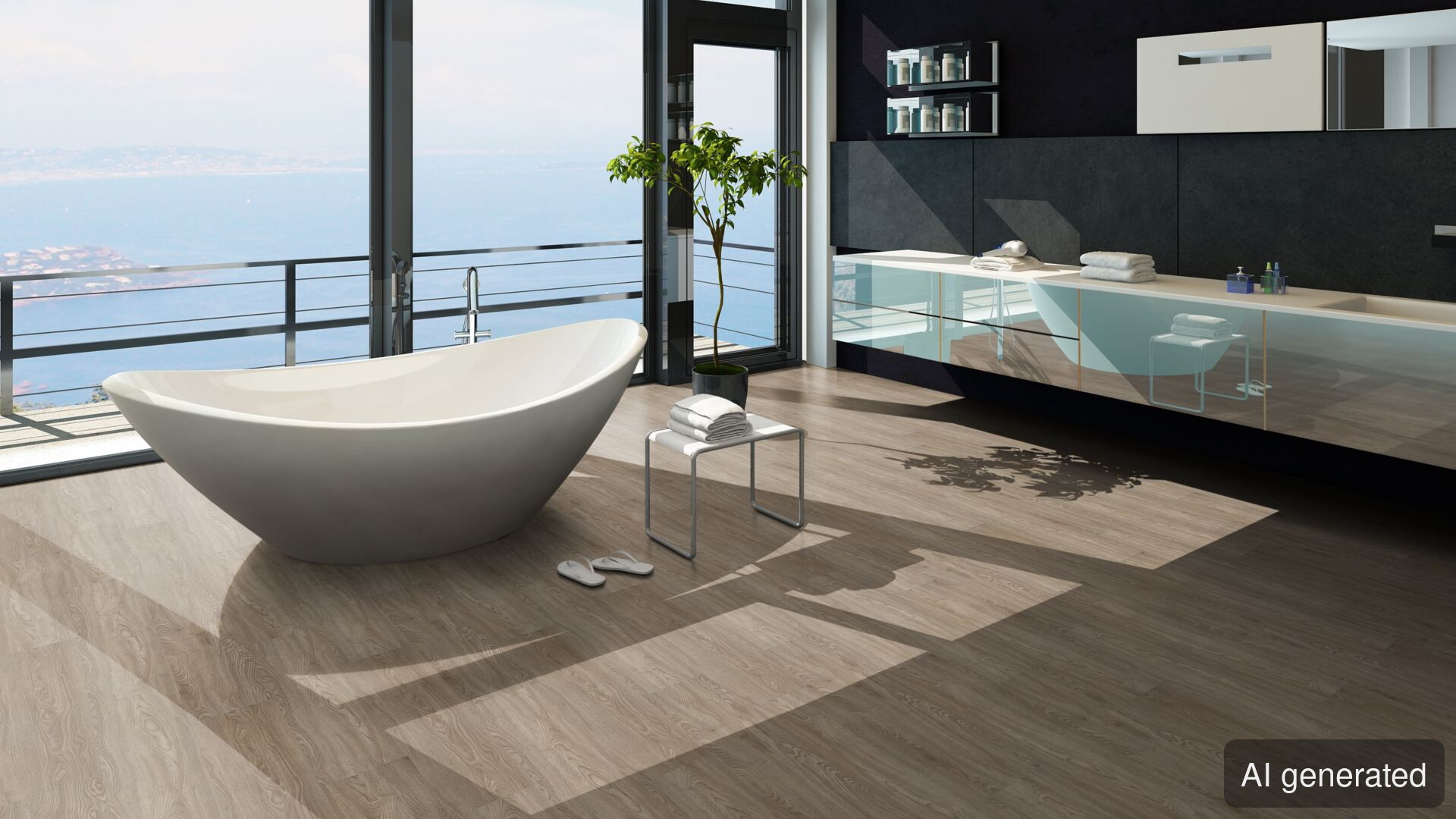 Vinyl-Ares, hellbrauner Bodenbelag in Holzoptik, schwimmend verlegt im Badezimmer, moderne Einrichtung mit freistehender Bade