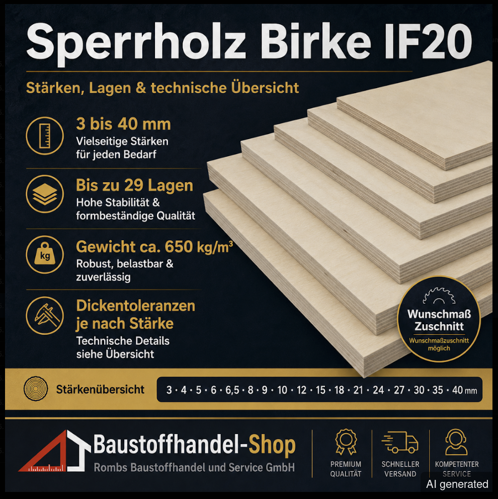 Sperrholz Birke IF20, Stärken 3 bis 40 mm, bis zu 29 Lagen, Gewicht ca. 650 kg/m³, Dickeltoleranzen nach Stärke