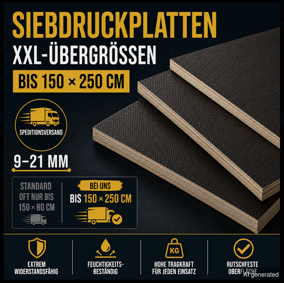 Siebdruckplatte SD12565-125-250M, 9-21 mm, bis 150 x 250 cm, rutschfeste Oberfläche, feuchtigkeitsbeständig