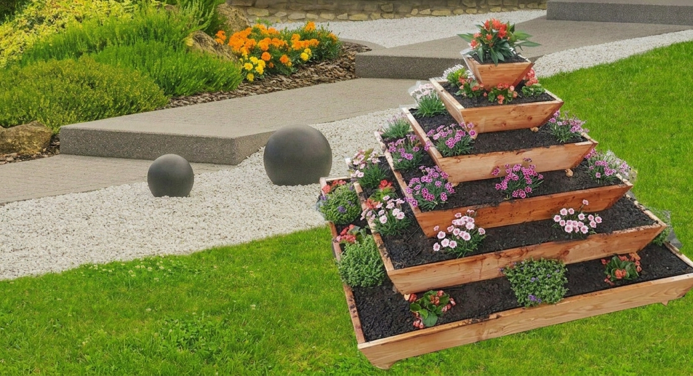 Pyramide-120x120x90 aus Holz, mehrstufige Pflanzfläche mit bunten Blumen, ideal für Gartenbepflanzung