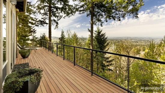 Terrassendiele Garapa KD 25x145 mm, naturbelassen, für Außenbereiche geeignet, Blick auf Landschaft