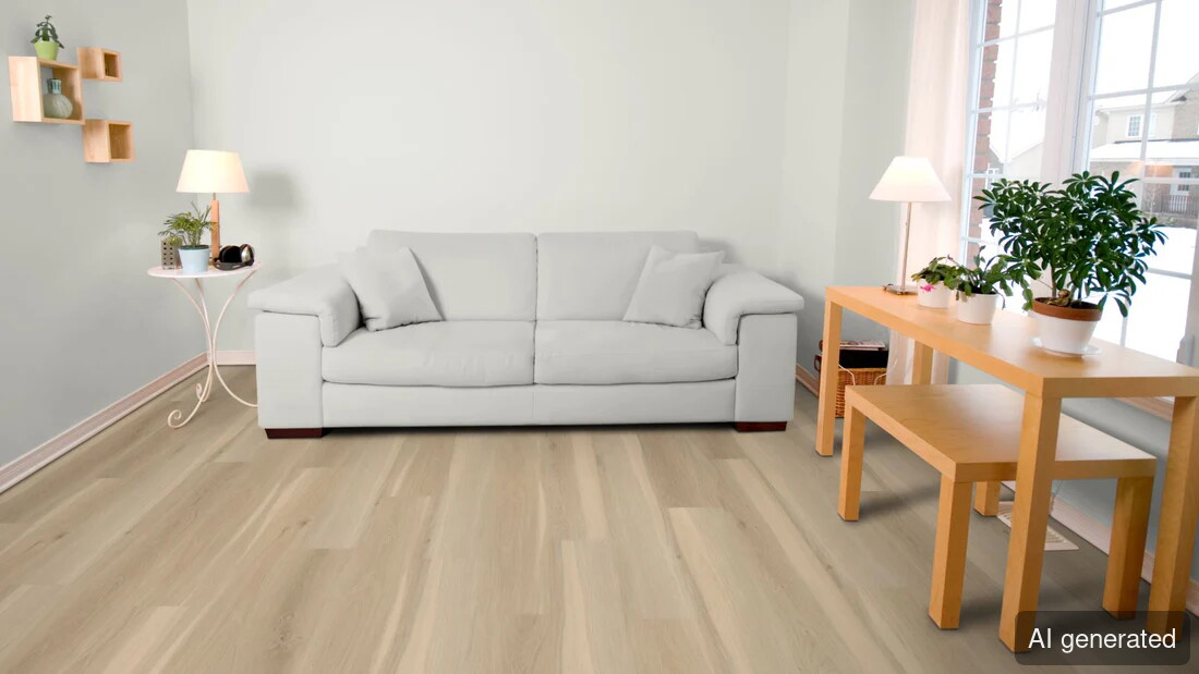 Vinyl-Janus, Landhausdiele in hellem Eichen-Design, schwimmend verlegt im Wohnraum