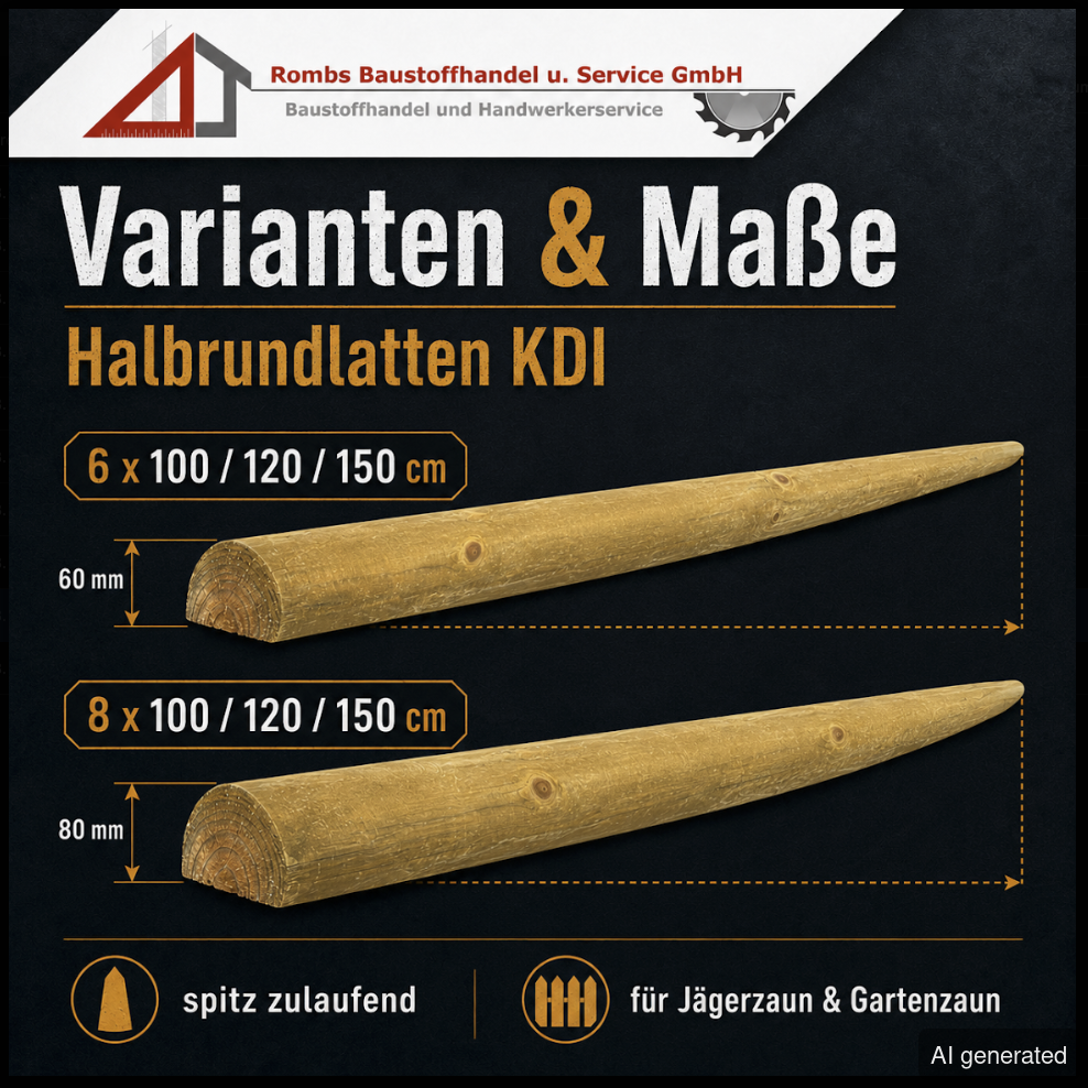 Halbrundlatten KDI 6x100/120/150 cm und 8x100/120/150 cm, spitz zulaufend, für Jägerzaun und Gartenzaun