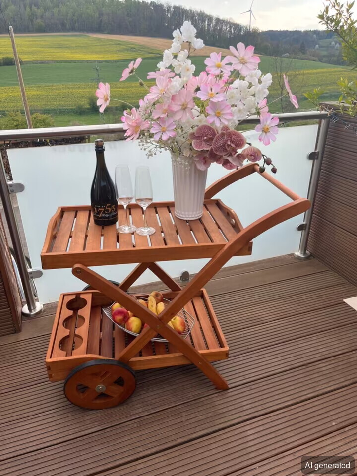 Servierwagen aus Holz, zwei Ablagen, mit Blumenstrauß, Flasche Sekt und Gläsern dekoriert, auf Balkon platziert