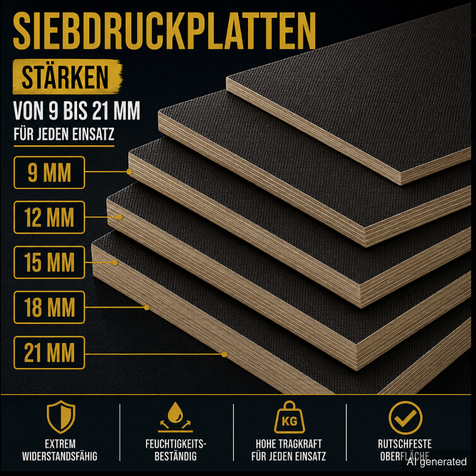 Siebdruckplatten SD12565-125-250M, Stärken 9 mm, 12 mm, 15 mm, 18 mm, 21 mm, extrem widerstandsfähig, feuchtigkeitsbeständig,