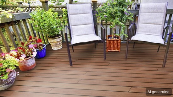 Terrassendiele TD-Prime-Cumaru 21x90 mm, braune Holzoptik, für Terrasse oder Balkon geeignet, verlegt mit zwei Stühlen und Pf
