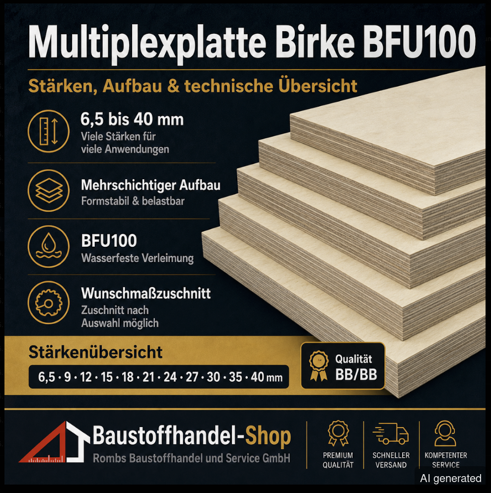 Multiplexplatte Birke MBFU 6,5 mm, Stärke 6,5 bis 40 mm, mehrschichtiger Aufbau, wunschmaß Verleihung, Qualität BB/BB
