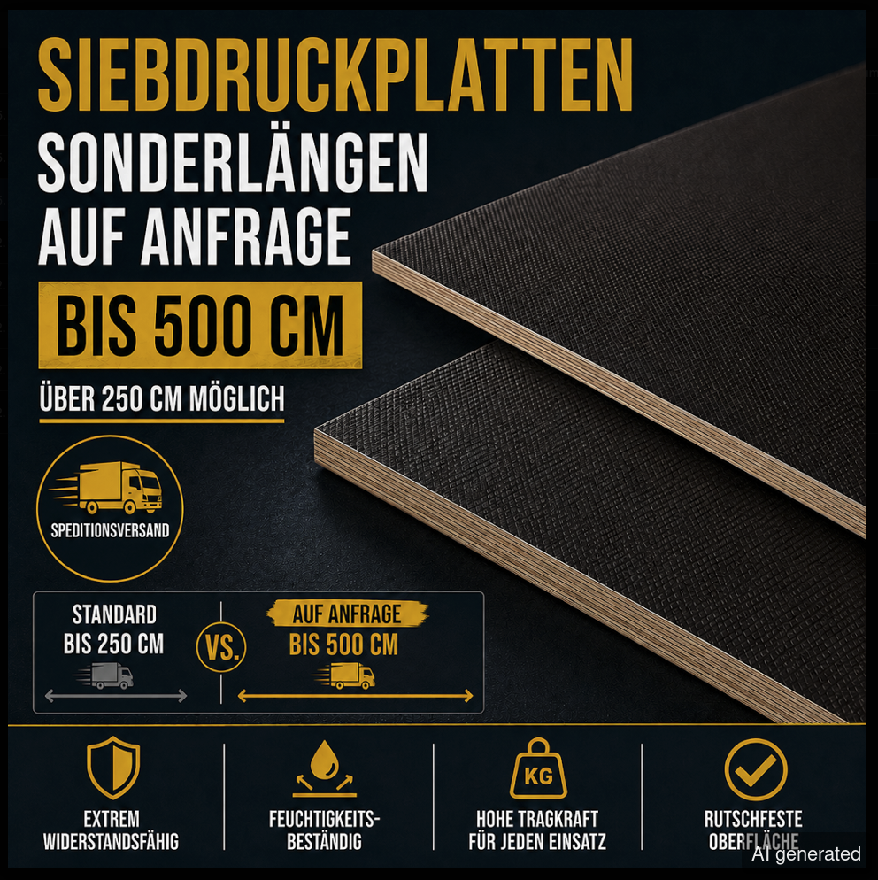 Siebdruckplatte SD12565-125-250M, Standardlängen bis 250 cm, Sonderlängen bis 500 cm, rutschfest, feuchtigkeitsbeständig