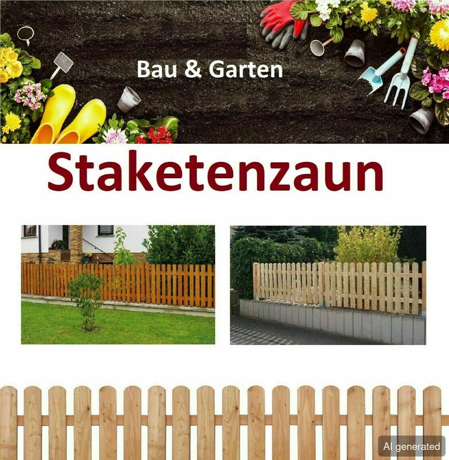 Staketenzaun 90 cm hoch, aus unbehandeltem Holz, für Garten- und Grundstücksbegrenzungen, zwei Varianten abgebildet