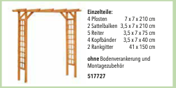 Pergola-517727, 4 Pfosten 7x7x210 cm, 2 Sattelbalken 3,5x7x210 cm, 5 Riegel 3,5x7x70 cm, 4 Kopfbinder 3,5x7x40 cm, 2 Rankgitt