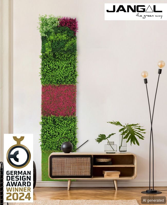 Jangal-DF vertikales Pflanzenbild, grüne und pinke Pflanzenarrangements, Wanddeko, 2024 German Design Award Winner