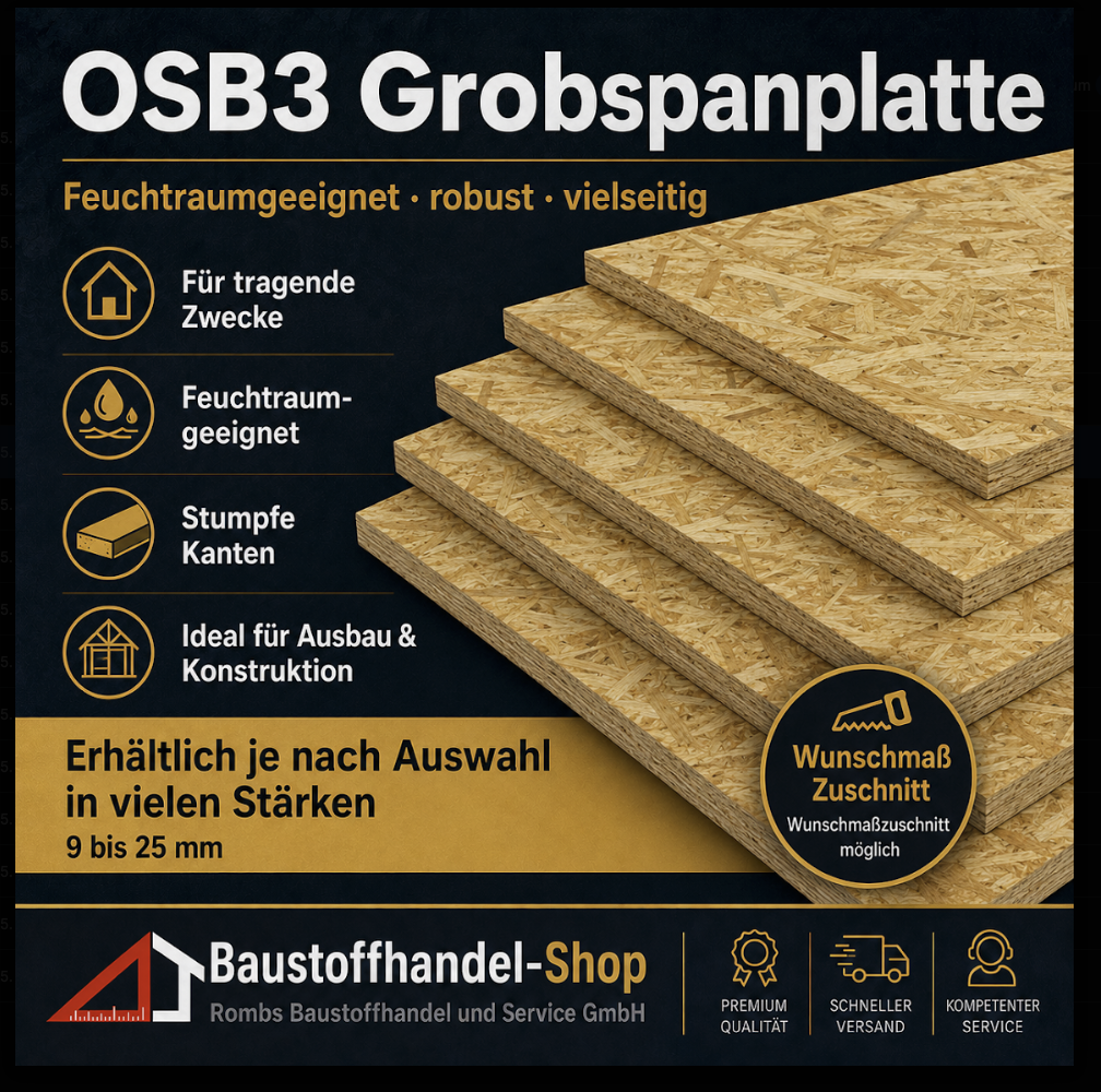 OSB3 Grobspanplatte 15 mm, feuchtraumgeeignet, für tragende Zwecke, stumpfe Kanten, erhältlich in vielen Stärken von 9 bis 25
