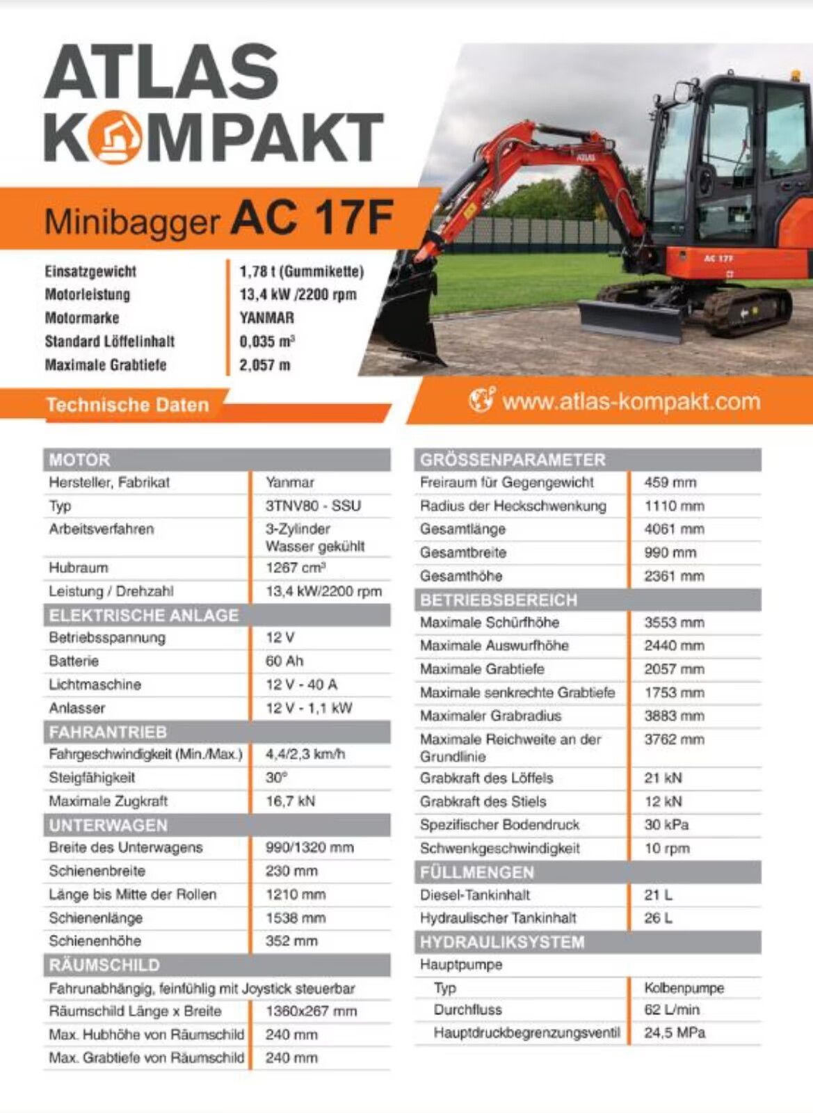 Minibagger AC 17F, Einsatzgewicht 1,78 t, Motorleistung 13,4 kW, maximale Grabtiefe 2,5 m, technische Daten aufgelistet