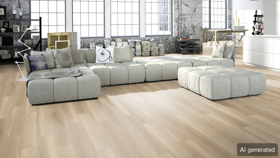 Vinyl-Janus, Holzoptik, schwimmend verlegt, hellbeige, geeignet für Wohnräume