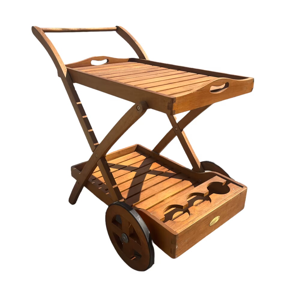 Servierwagen aus Holz, klappbar, zwei Ablagen, mit Flaschenhalter, braun
