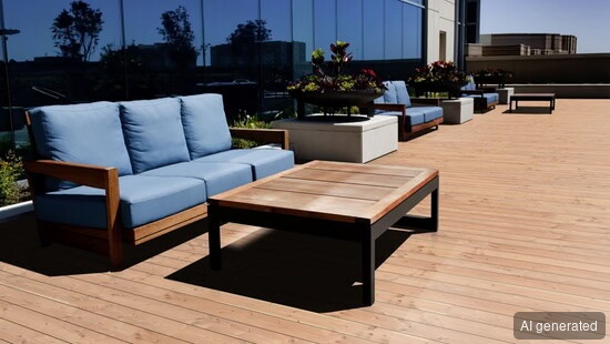 Terrassenmöbelset TD-KD-D-gg-40-145, bestehend aus Sofa mit blauen Kissen und Tisch mit Holzplatte, auf Holzterrasse
