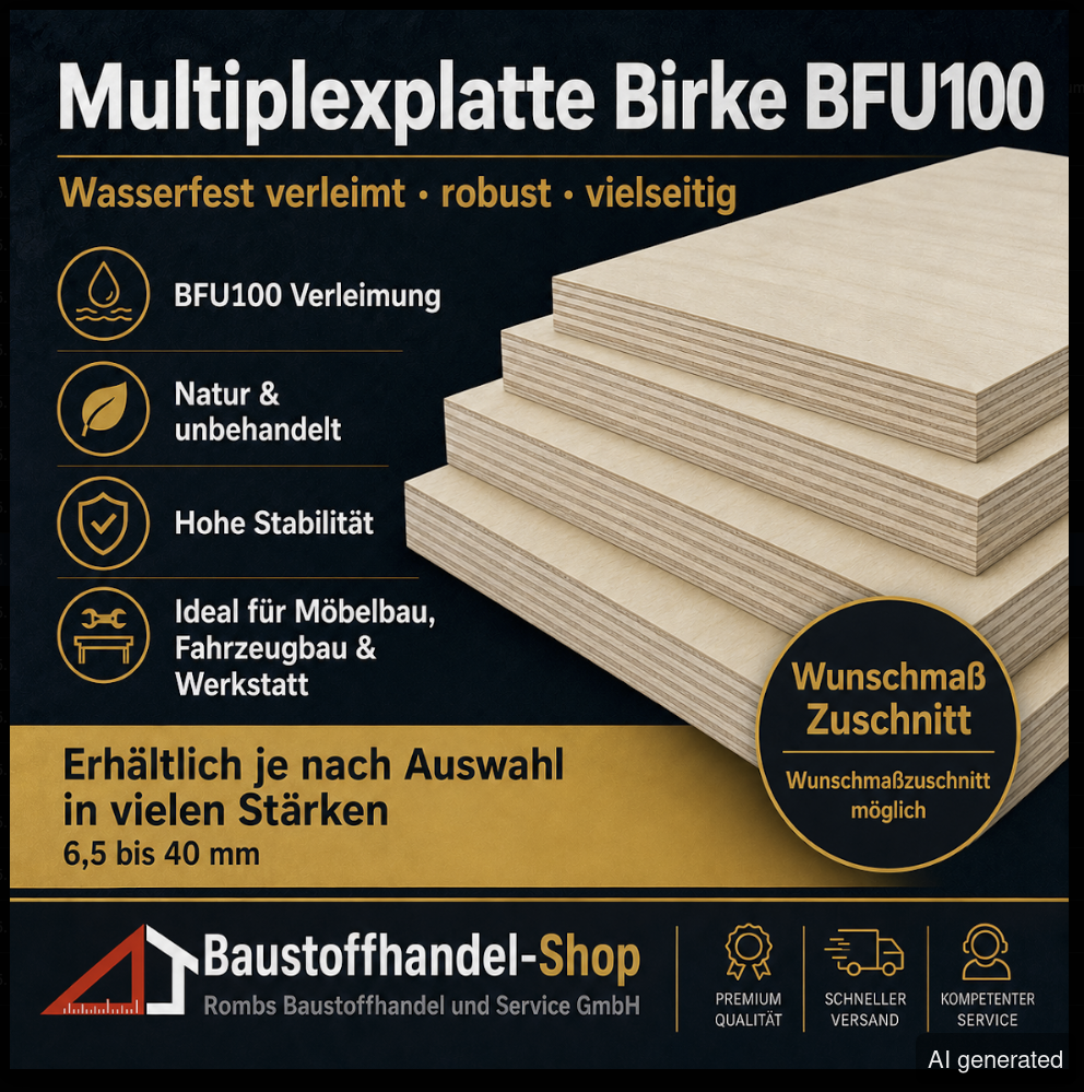 Multiplexplatte Birke MBFU-6,5 mm, wasserfest verleimt, robust, vielseitig, für Möbelbau und Fahrzeugbau geeignet