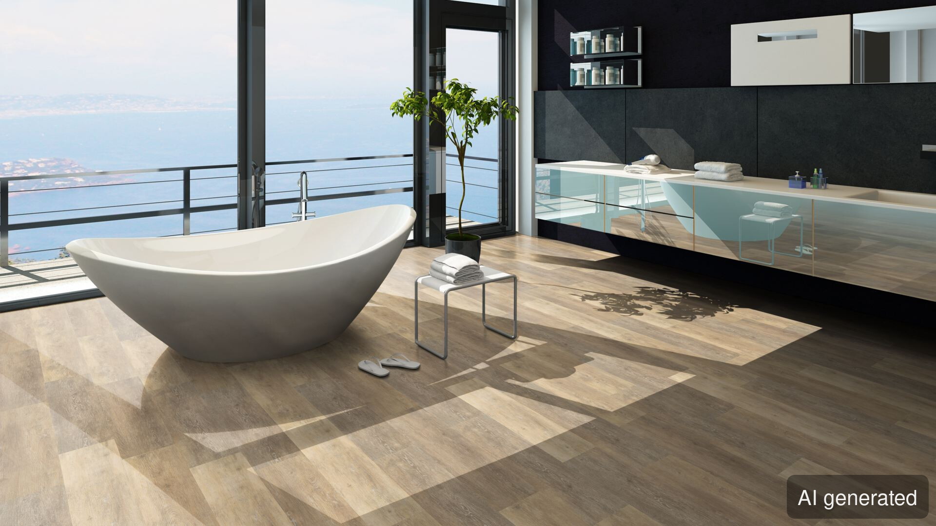 Vinyl-Luna Bodenbelag in Holzoptik, schwimmend verlegt, hellbraun mit grauen Akzenten, geeignet für Wohnräume
