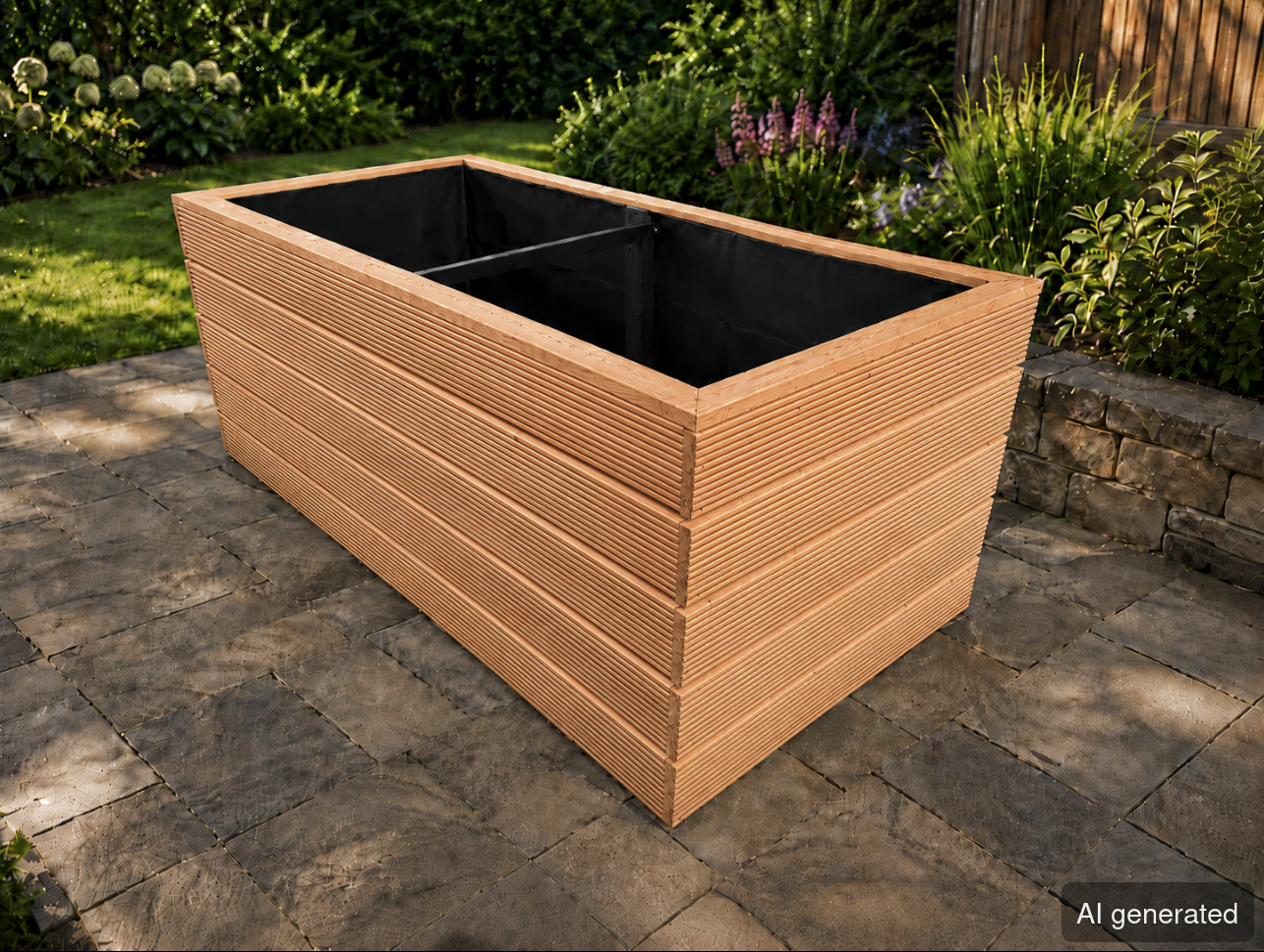 Blumenkasten BKL, grob geriffelt, aus Lärche, rechteckig, mit schwarzem Innenbehälter, für Garten und Terrasse
