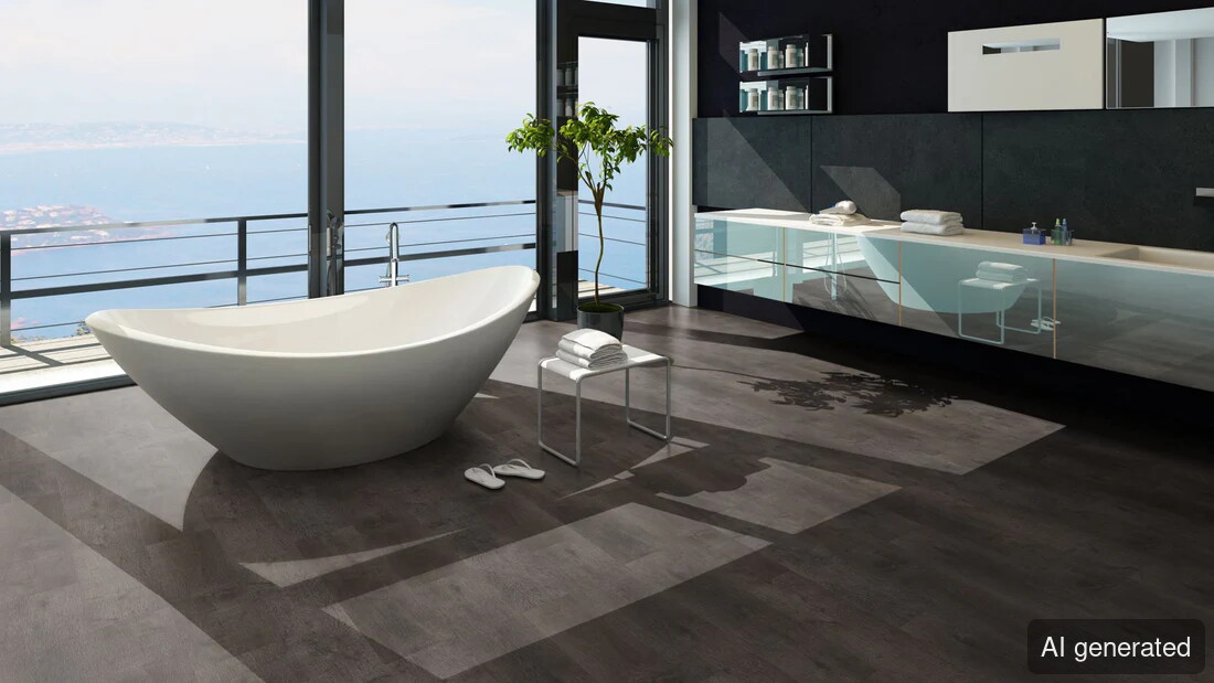 Vinyl-Gaia Bodenbelag in dunkler Holzoptik, schwimmend verlegt im modernen Badezimmer mit freistehender Badewanne und Panoram