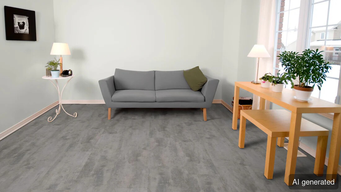 Vinyl-Atlas Bodenbelag in grauer Steinoptik, schwimmend verlegt im Wohnraum mit Möbeln und Pflanzen