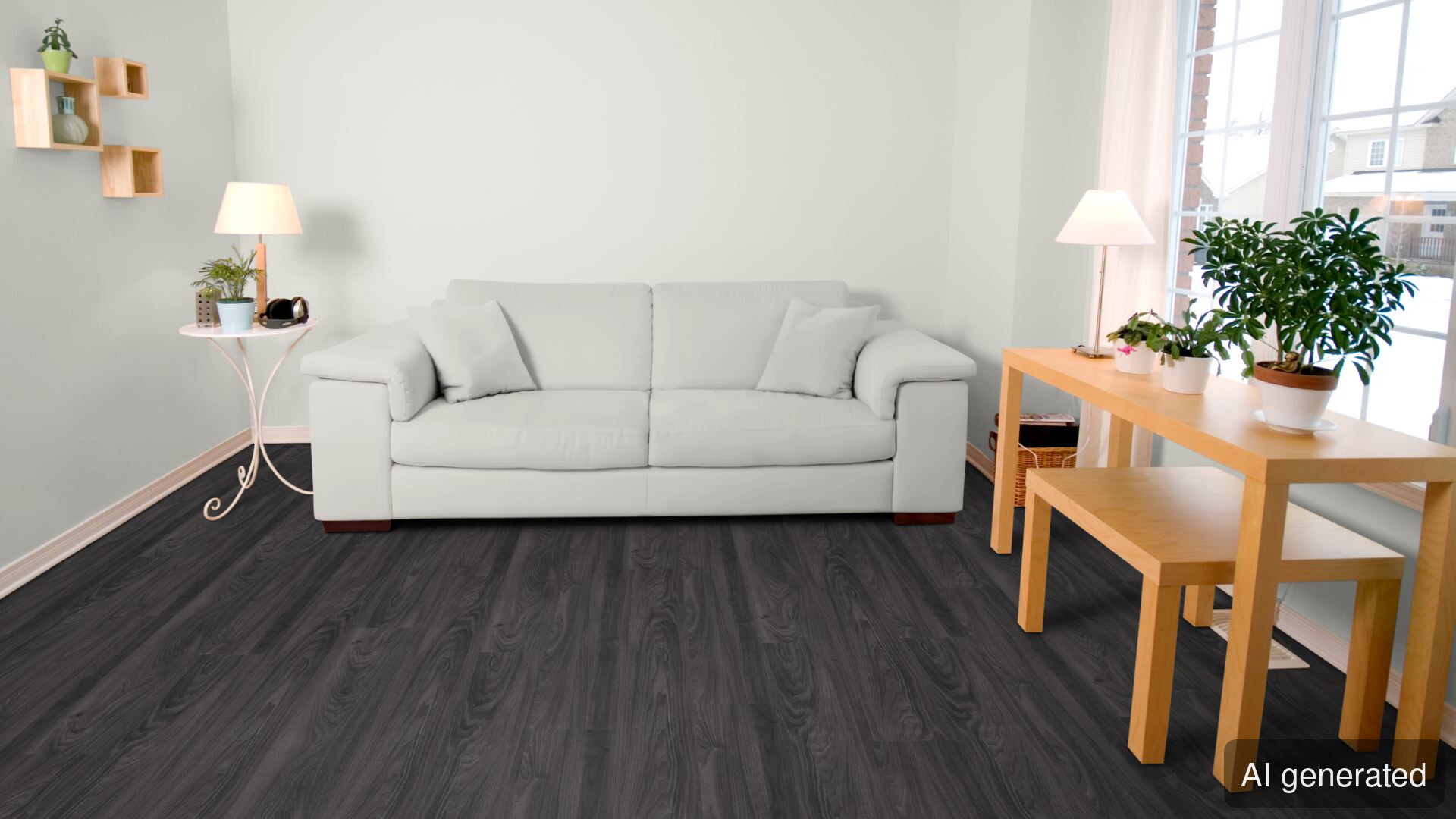 Vinyl-Zeus in Holzoptik, dunkle Oberfläche, schwimmend verlegt im Wohnraum, kombiniert mit hellen Möbeln