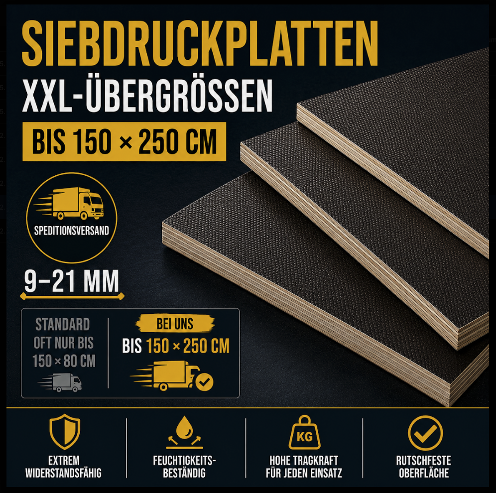 Siebdruckplatte SD12565-125-250M, 9-21 mm, bis 150 x 250 cm, rutschfeste Oberfläche, feuchtigkeitsbeständig