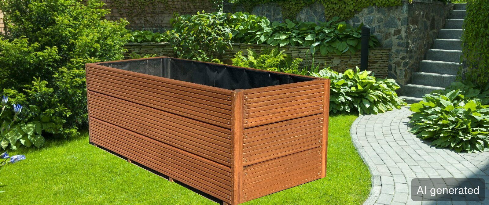 Blumenkasten aus grob geöltem Holz, rechteckig, mit horizontalen Lamellen, ideal für Gartenpflanzen